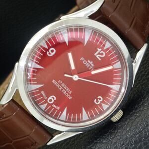 Vintage 1983 Fortis Manual Mens Silver Watch W/Leather Strap & Red accents